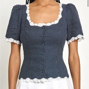 Navy Polka Dot Blouse with Lace Trim - Few Moda - Size 6